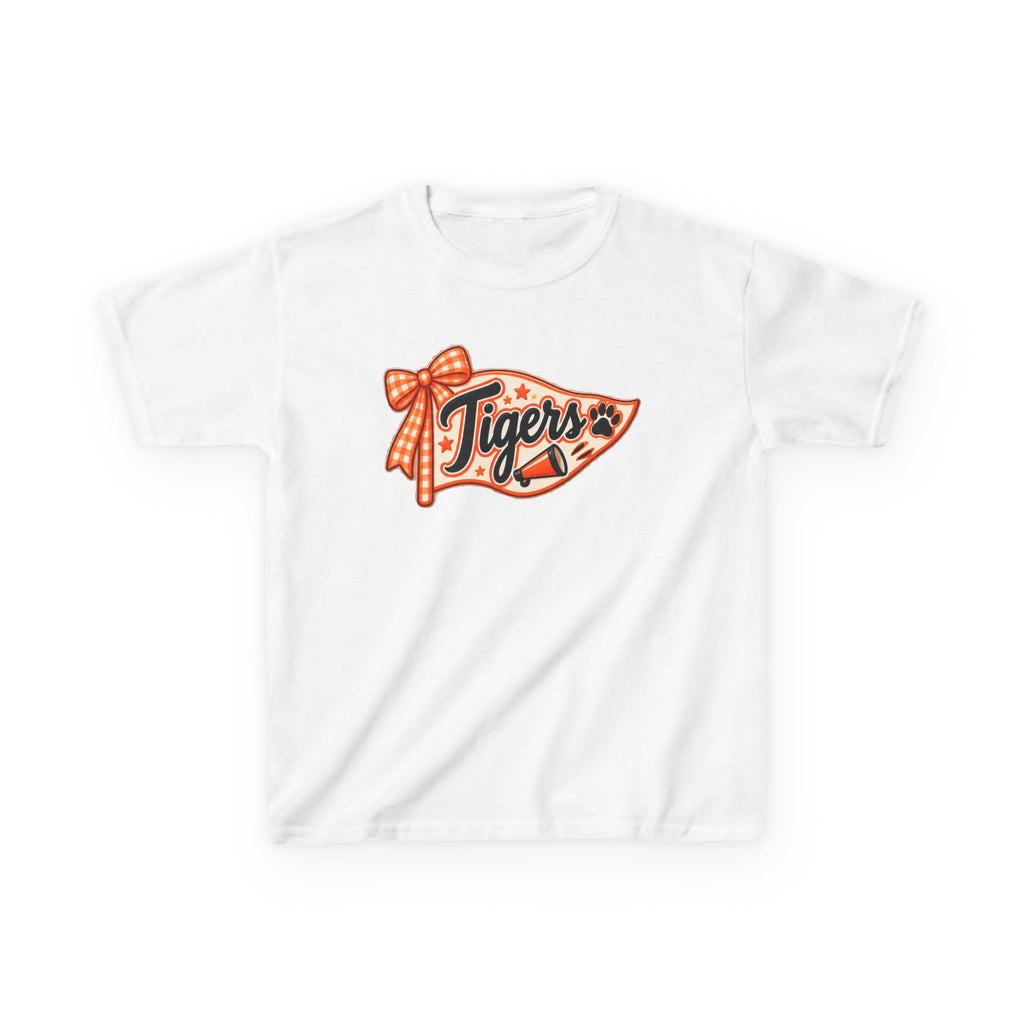Kids Tigers Pennant T‑Shirt — Cute Orange Bow Vintage Sports Tee