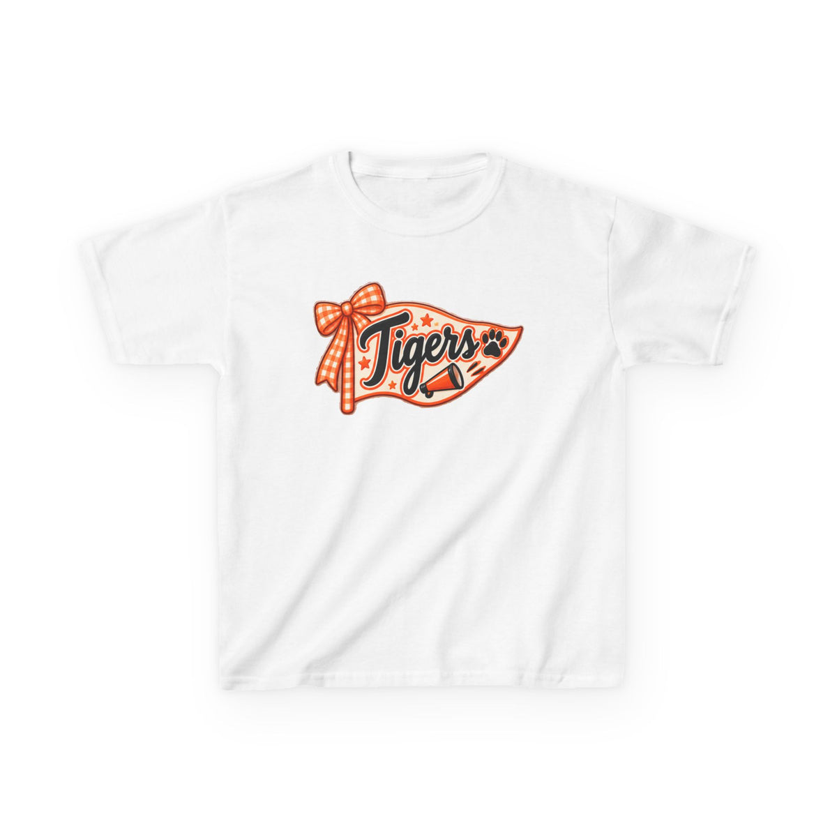Kids Tigers Pennant T‑Shirt — Cute Orange Bow Vintage Sports Tee