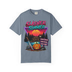 Slasher Summer Graphic T-Shirt — Retro Horror Camp Tee with Pumpkin & Cabin