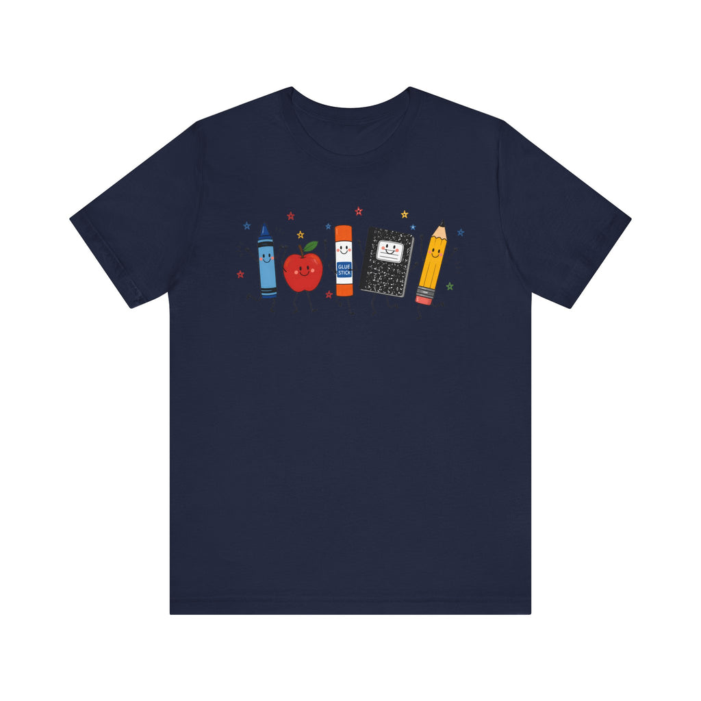 Cute School Supplies T-Shirt — Happy Pencil, Crayon, Eraser & Apple Graphic