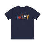Cute School Supplies T-Shirt — Happy Pencil, Crayon, Eraser & Apple Graphic
