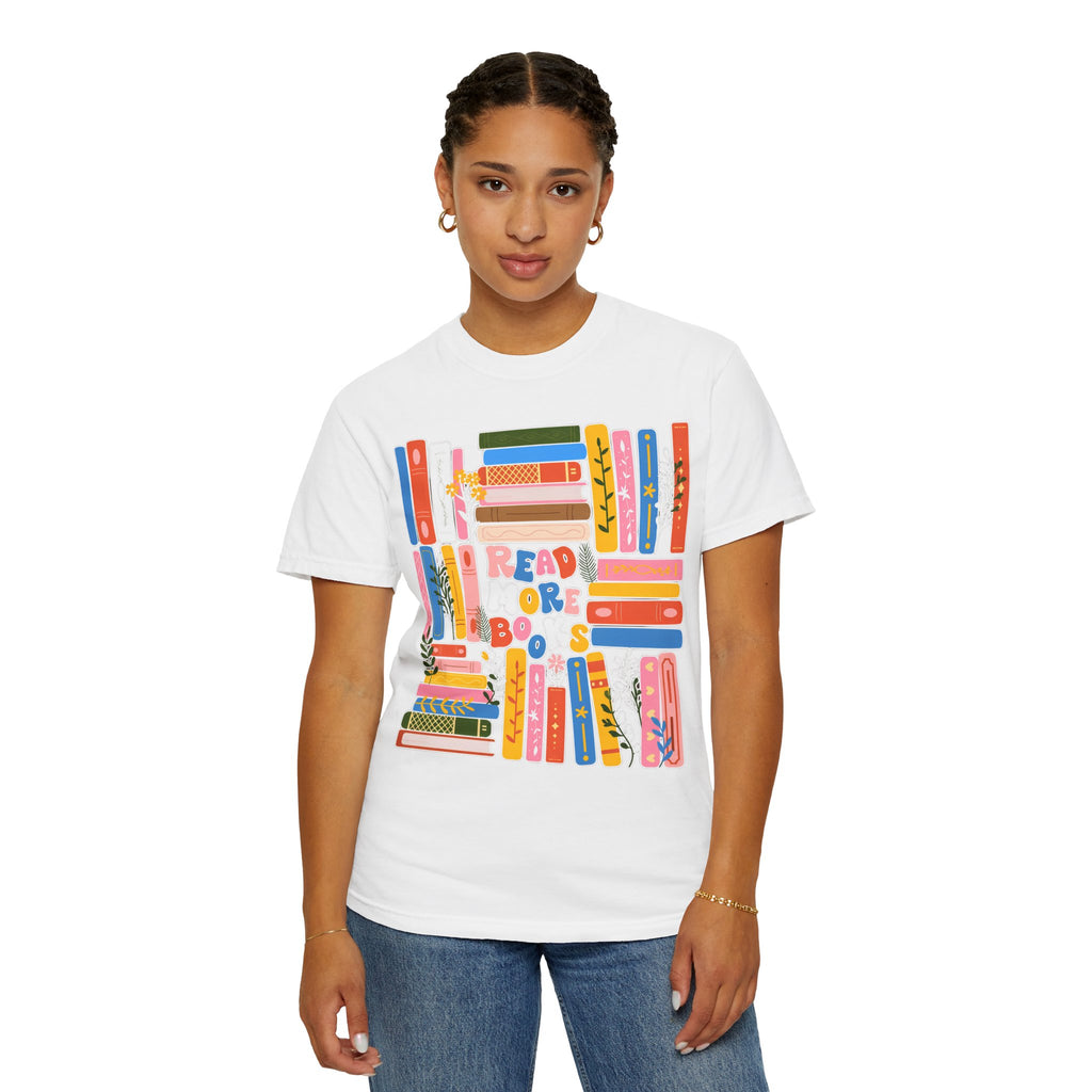 Readers Are Books T-Shirt — Colorful Bookshelf Graphic Tee for Book Lovers