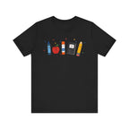Cute School Supplies T-Shirt — Happy Pencil, Crayon, Eraser & Apple Graphic