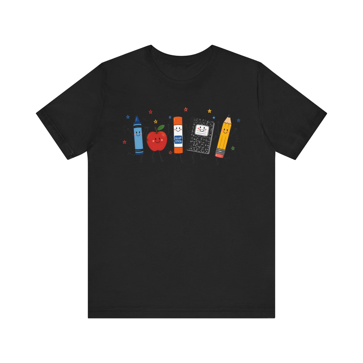 Cute School Supplies T-Shirt — Happy Pencil, Crayon, Eraser & Apple Graphic