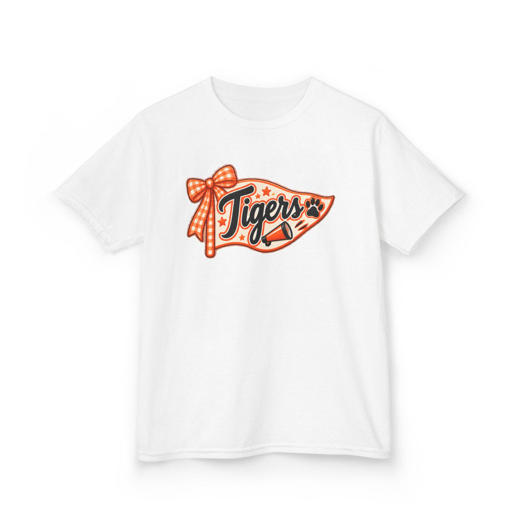Kids Tigers Pennant T‑Shirt — Cute Orange Bow Vintage Sports Tee
