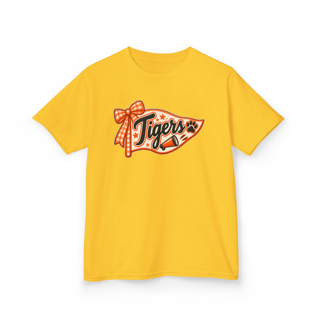 Kids Tigers Pennant T‑Shirt — Cute Orange Bow Vintage Sports Tee
