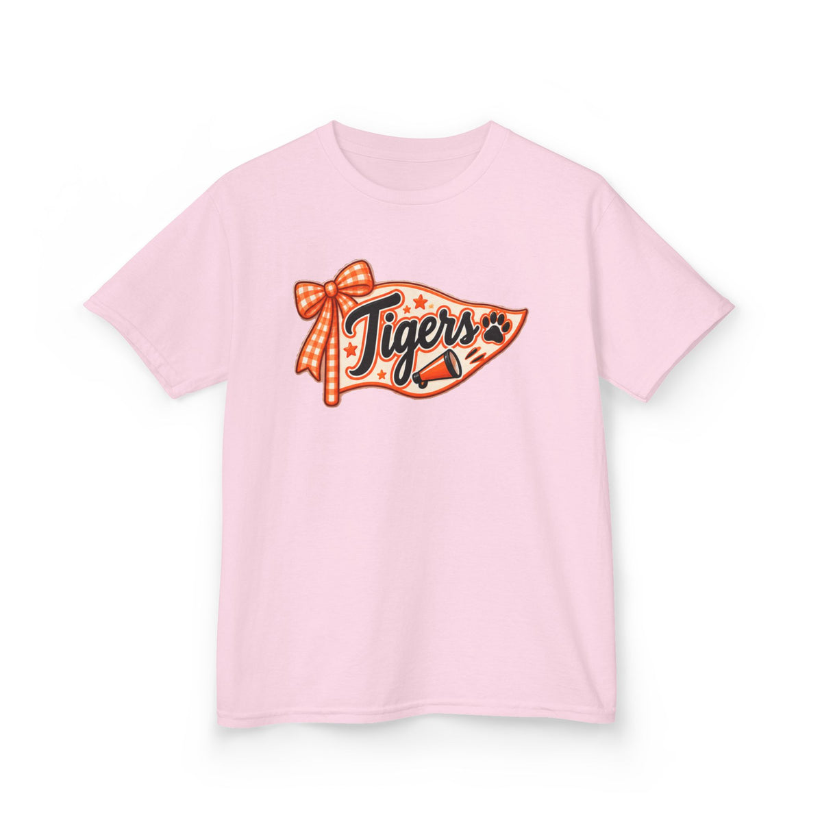Kids Tigers Pennant T‑Shirt — Cute Orange Bow Vintage Sports Tee