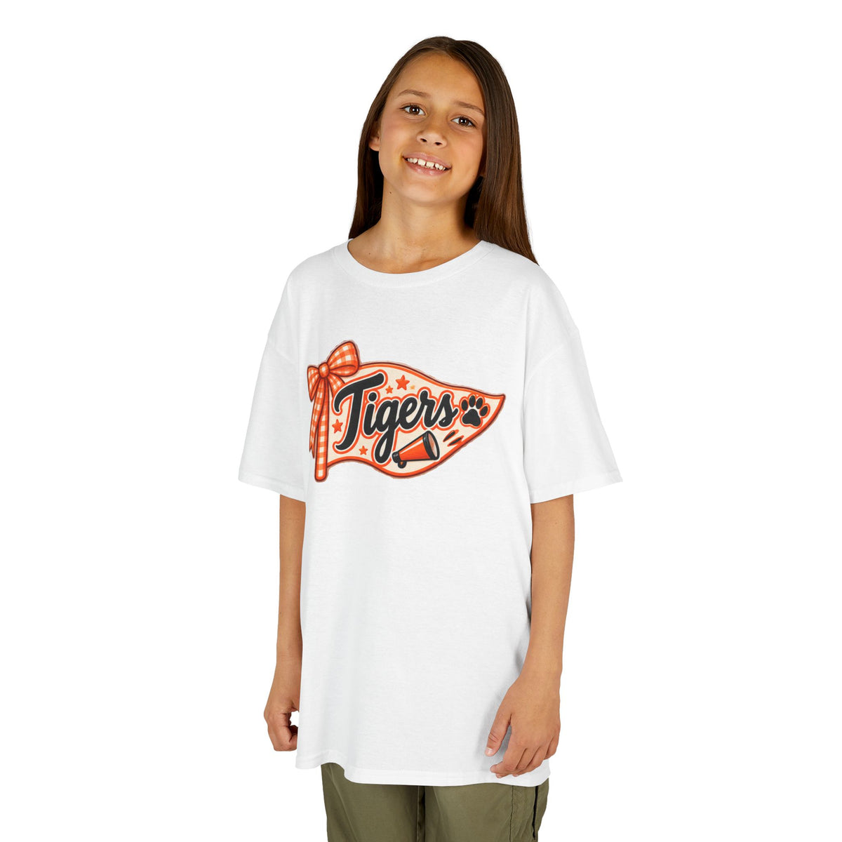 Kids Tigers Pennant T‑Shirt — Cute Orange Bow Vintage Sports Tee