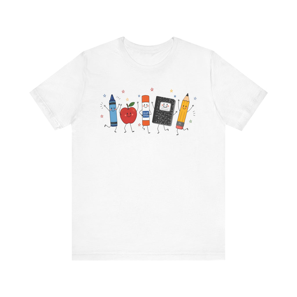 Cute School Supplies T-Shirt — Happy Pencil, Crayon, Eraser & Apple Graphic