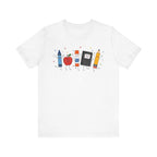 Cute School Supplies T-Shirt — Happy Pencil, Crayon, Eraser & Apple Graphic