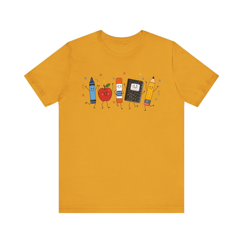 Cute School Supplies T-Shirt — Happy Pencil, Crayon, Eraser & Apple Graphic