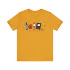 Cute School Supplies T-Shirt — Happy Pencil, Crayon, Eraser & Apple Graphic