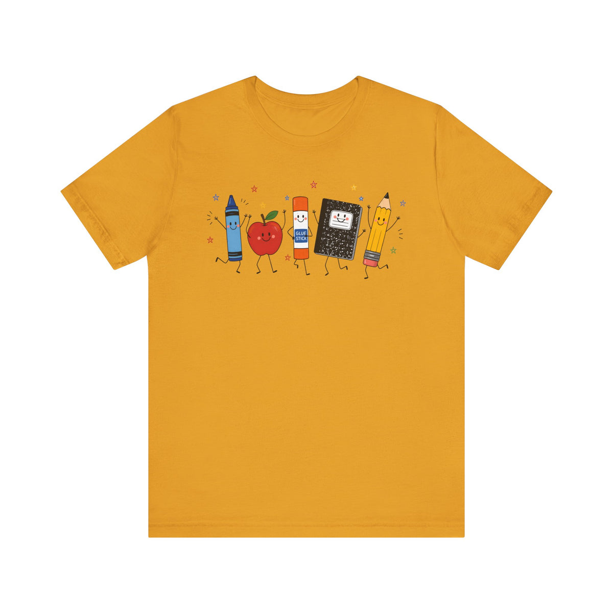Cute School Supplies T-Shirt — Happy Pencil, Crayon, Eraser & Apple Graphic