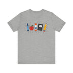 Cute School Supplies T-Shirt — Happy Pencil, Crayon, Eraser & Apple Graphic