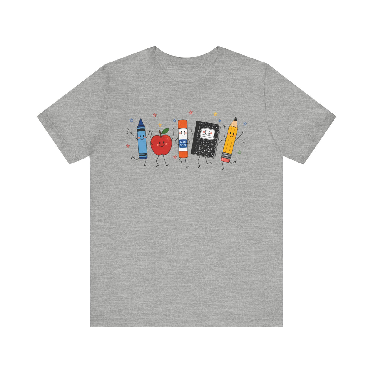Cute School Supplies T-Shirt — Happy Pencil, Crayon, Eraser & Apple Graphic