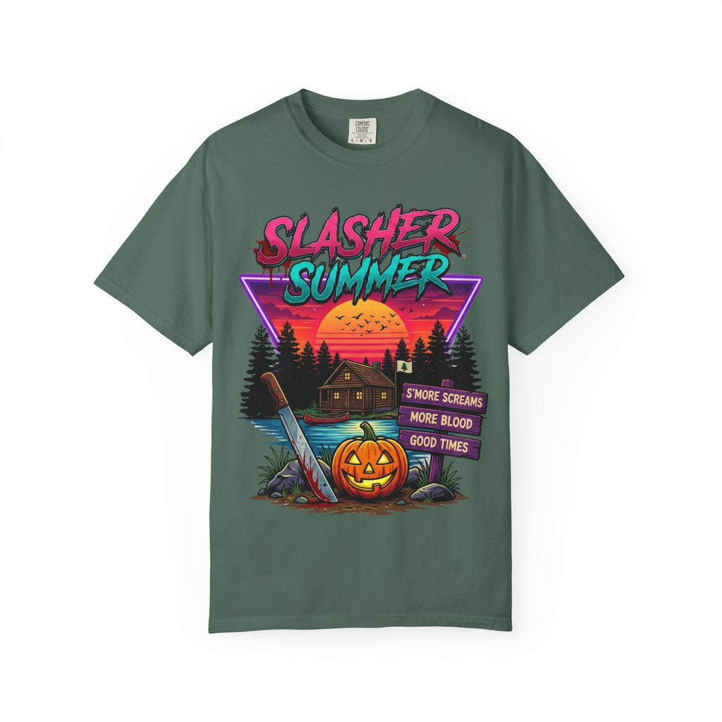 Slasher Summer Graphic T-Shirt — Retro Horror Camp Tee with Pumpkin & Cabin