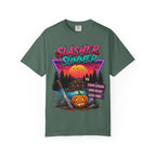 Slasher Summer Graphic T-Shirt — Retro Horror Camp Tee with Pumpkin & Cabin