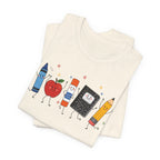 Cute School Supplies T-Shirt — Happy Pencil, Crayon, Eraser & Apple Graphic
