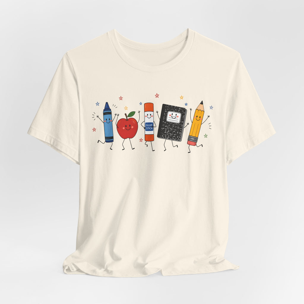Cute School Supplies T-Shirt — Happy Pencil, Crayon, Eraser & Apple Graphic