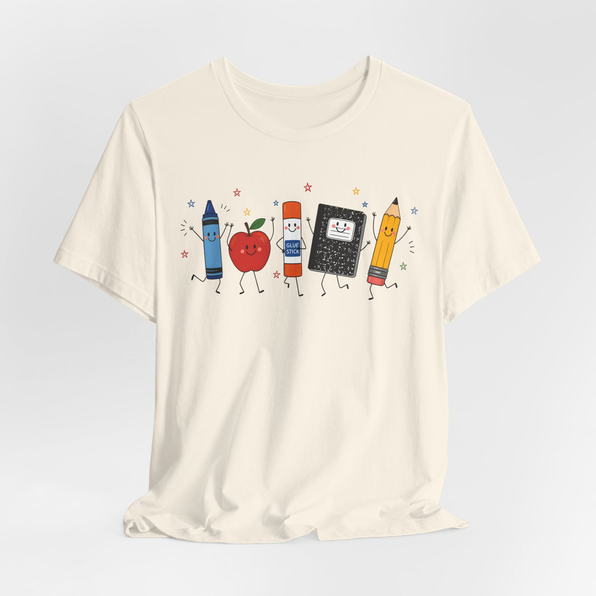 Cute School Supplies T-Shirt — Happy Pencil, Crayon, Eraser & Apple Graphic