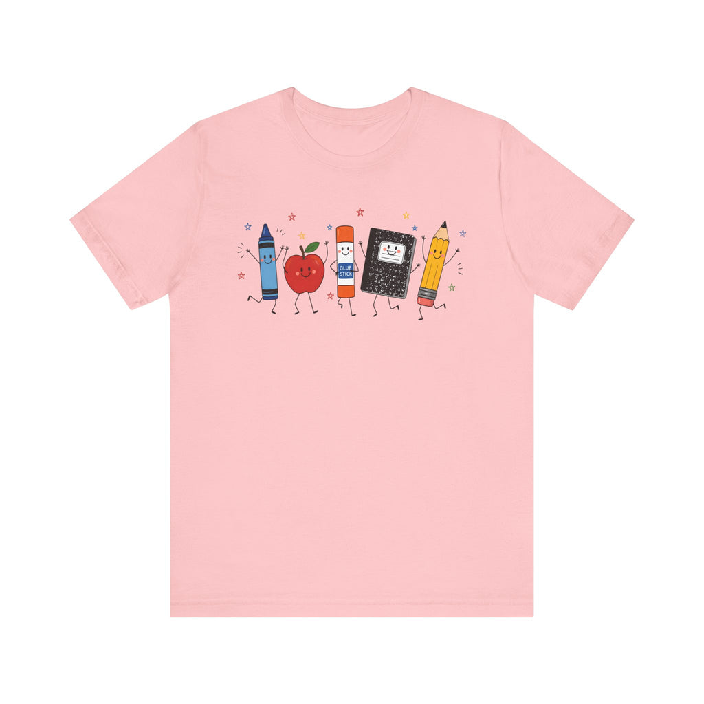 Cute School Supplies T-Shirt — Happy Pencil, Crayon, Eraser & Apple Graphic