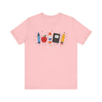 Cute School Supplies T-Shirt — Happy Pencil, Crayon, Eraser & Apple Graphic