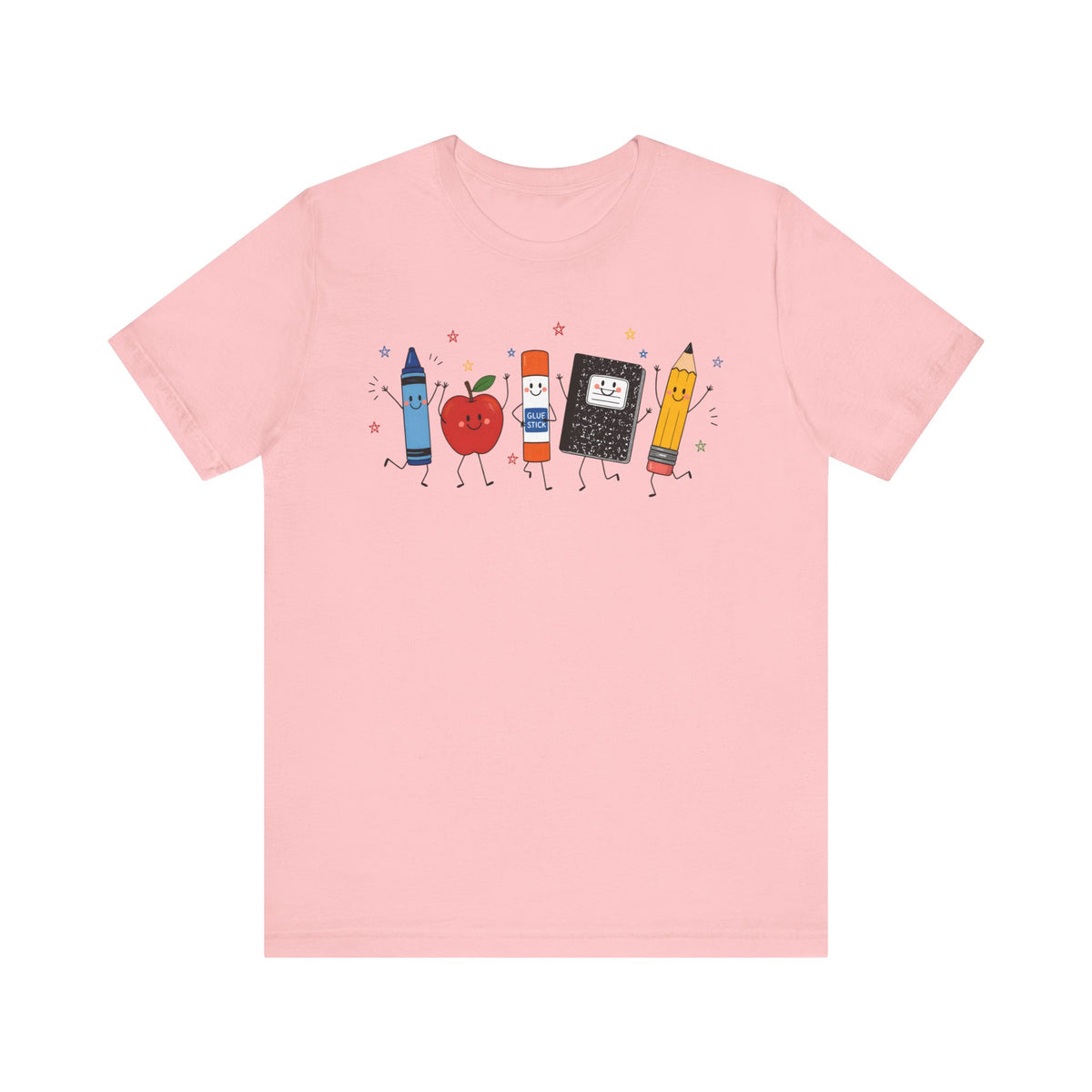 Cute School Supplies T-Shirt — Happy Pencil, Crayon, Eraser & Apple Graphic