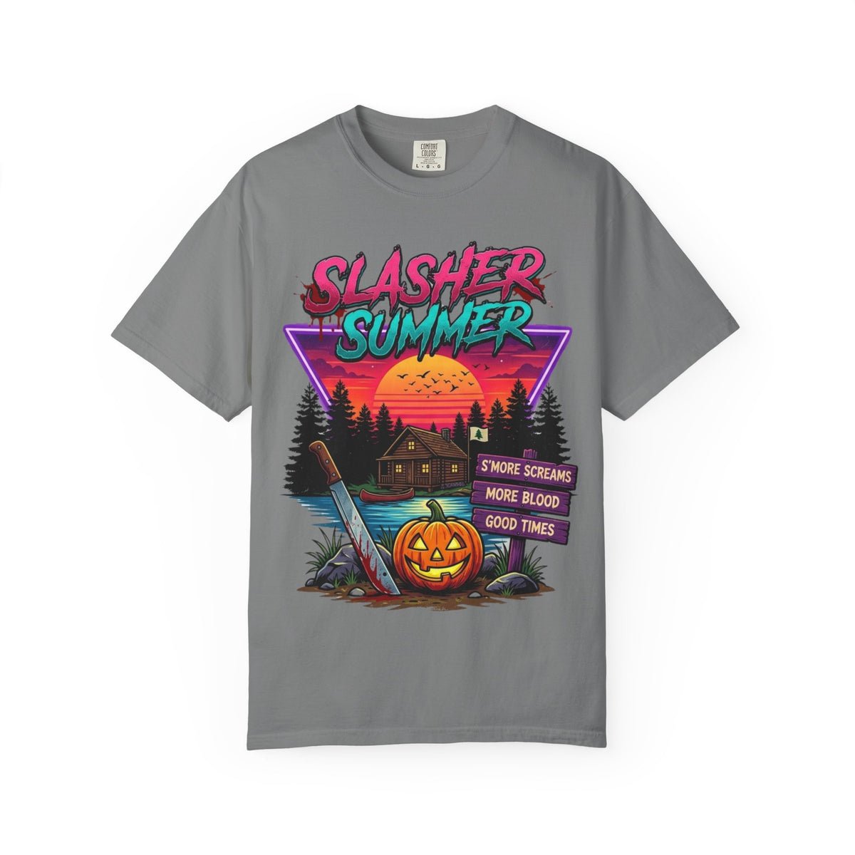 Slasher Summer Graphic T-Shirt — Retro Horror Camp Tee with Pumpkin & Cabin