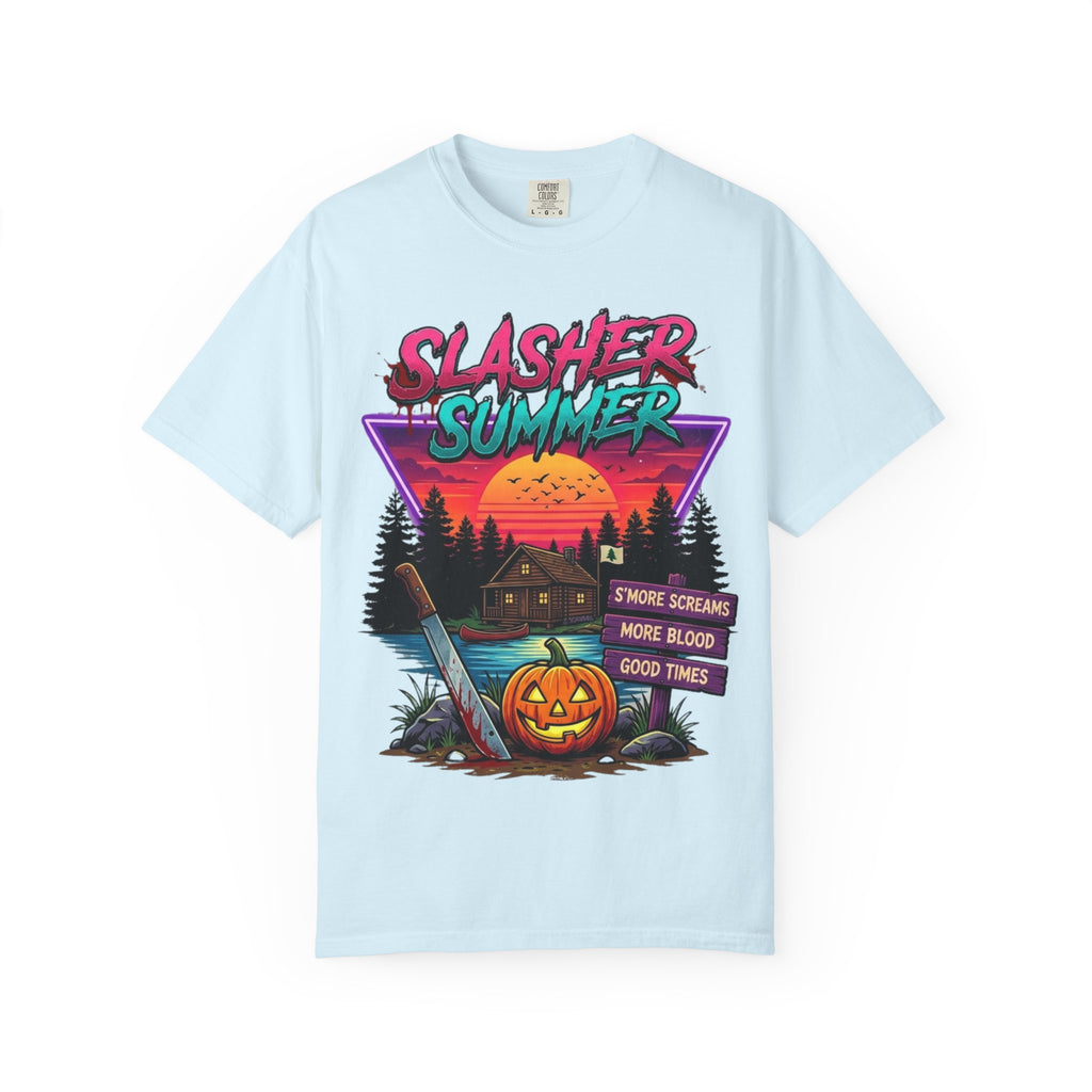 Slasher Summer Graphic T-Shirt — Retro Horror Camp Tee with Pumpkin & Cabin