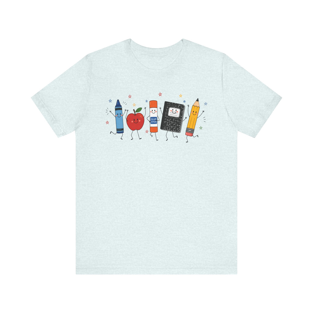 Cute School Supplies T-Shirt — Happy Pencil, Crayon, Eraser & Apple Graphic
