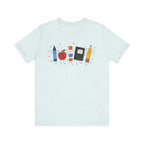 Cute School Supplies T-Shirt — Happy Pencil, Crayon, Eraser & Apple Graphic