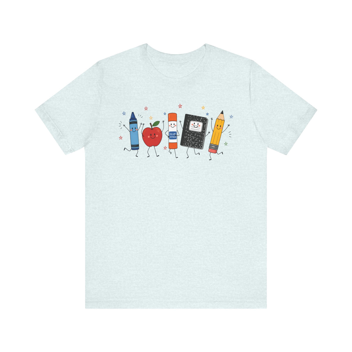 Cute School Supplies T-Shirt — Happy Pencil, Crayon, Eraser & Apple Graphic