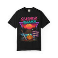 Slasher Summer Graphic T-Shirt — Retro Horror Camp Tee with Pumpkin & Cabin