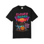 Slasher Summer Graphic T-Shirt — Retro Horror Camp Tee with Pumpkin & Cabin