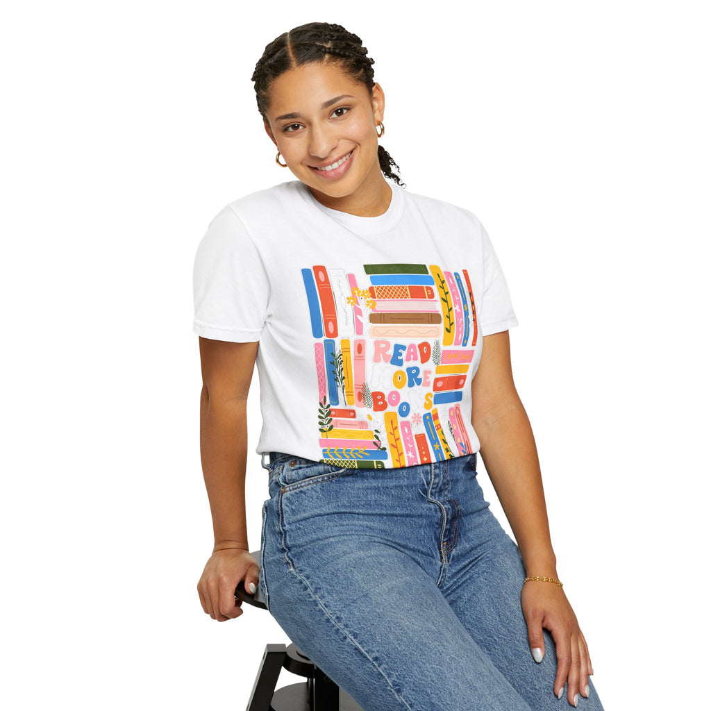 Readers Are Books T-Shirt — Colorful Bookshelf Graphic Tee for Book Lovers