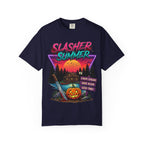 Slasher Summer Graphic T-Shirt — Retro Horror Camp Tee with Pumpkin & Cabin