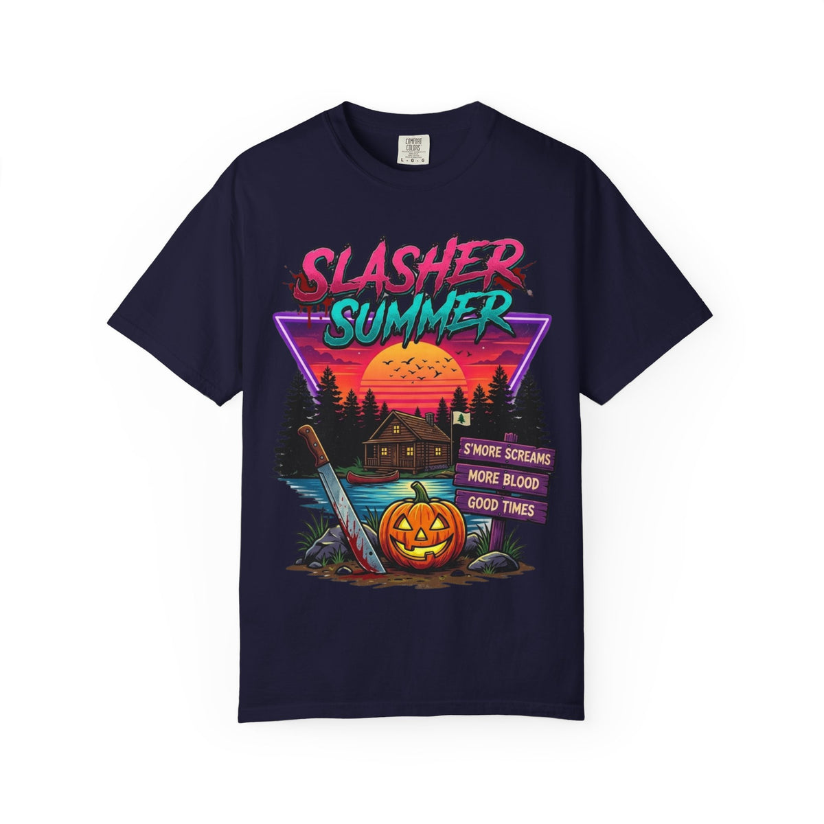 Slasher Summer Graphic T-Shirt — Retro Horror Camp Tee with Pumpkin & Cabin