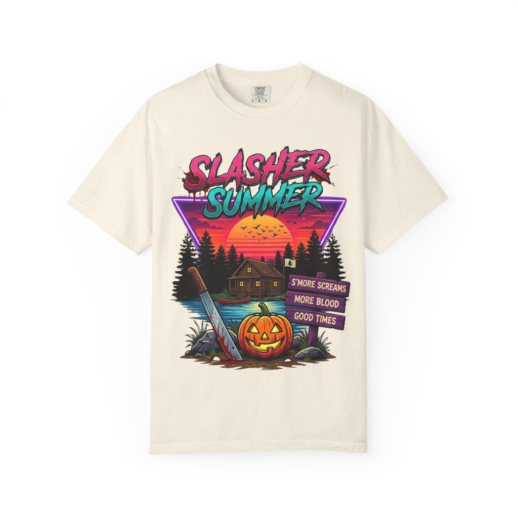 Slasher Summer Graphic T-Shirt — Retro Horror Camp Tee with Pumpkin & Cabin