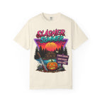Slasher Summer Graphic T-Shirt — Retro Horror Camp Tee with Pumpkin & Cabin