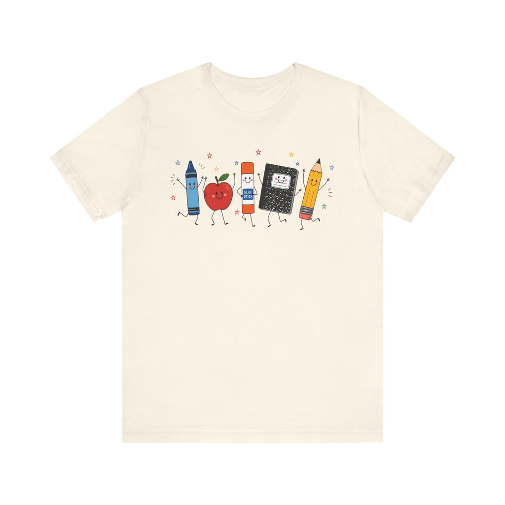 Cute School Supplies T-Shirt — Happy Pencil, Crayon, Eraser & Apple Graphic