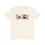 Cute School Supplies T-Shirt — Happy Pencil, Crayon, Eraser & Apple Graphic