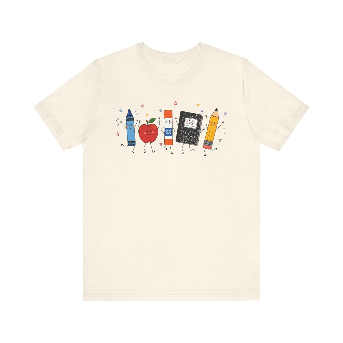 Cute School Supplies T-Shirt — Happy Pencil, Crayon, Eraser & Apple Graphic