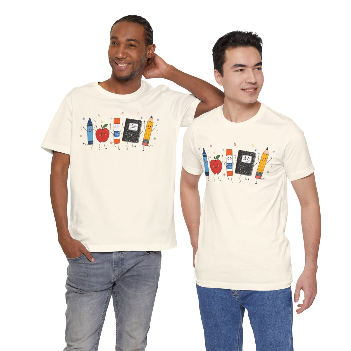 Cute School Supplies T-Shirt — Happy Pencil, Crayon, Eraser & Apple Graphic