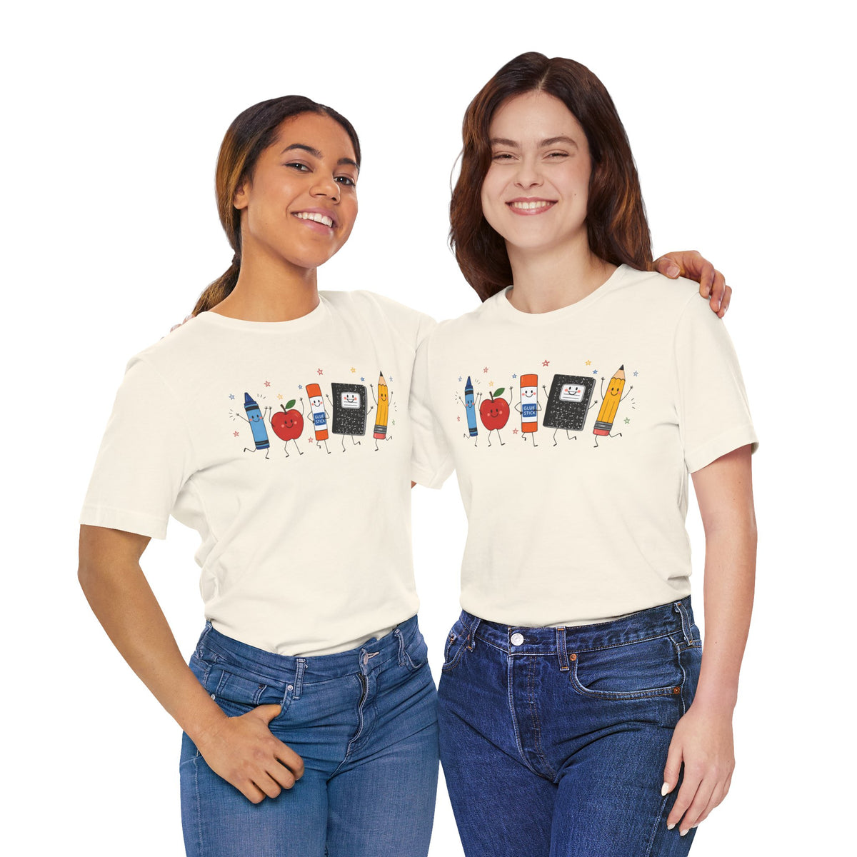 Cute School Supplies T-Shirt — Happy Pencil, Crayon, Eraser & Apple Graphic