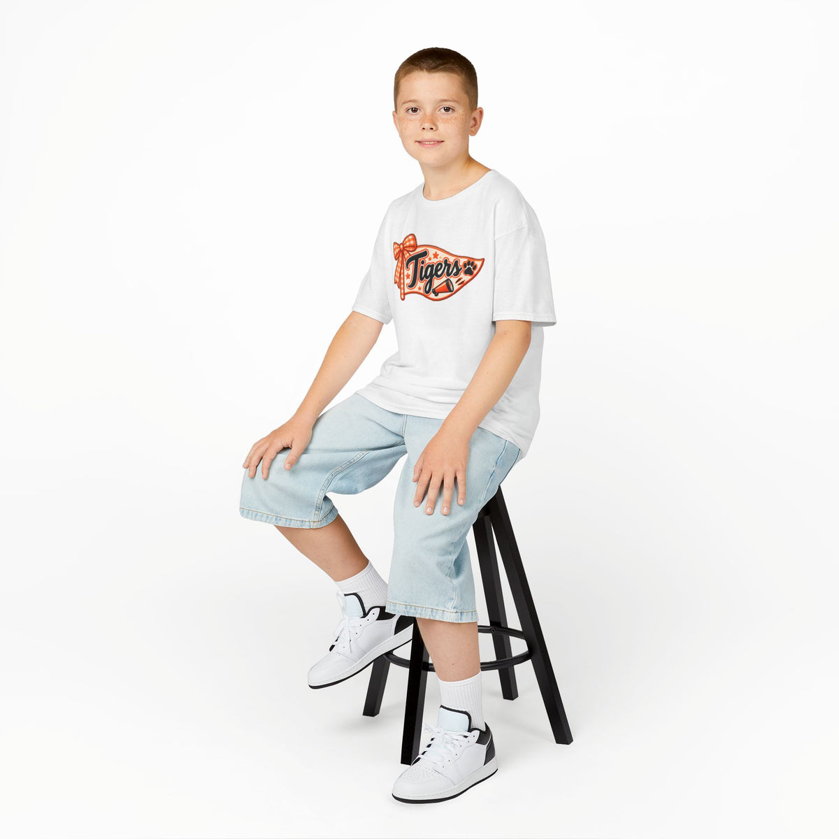 Kids Tigers Pennant T‑Shirt — Cute Orange Bow Vintage Sports Tee