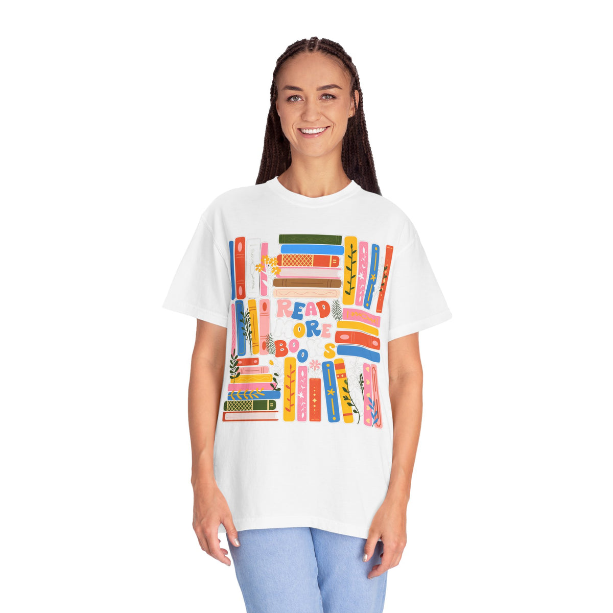 Readers Are Books T-Shirt — Colorful Bookshelf Graphic Tee for Book Lovers