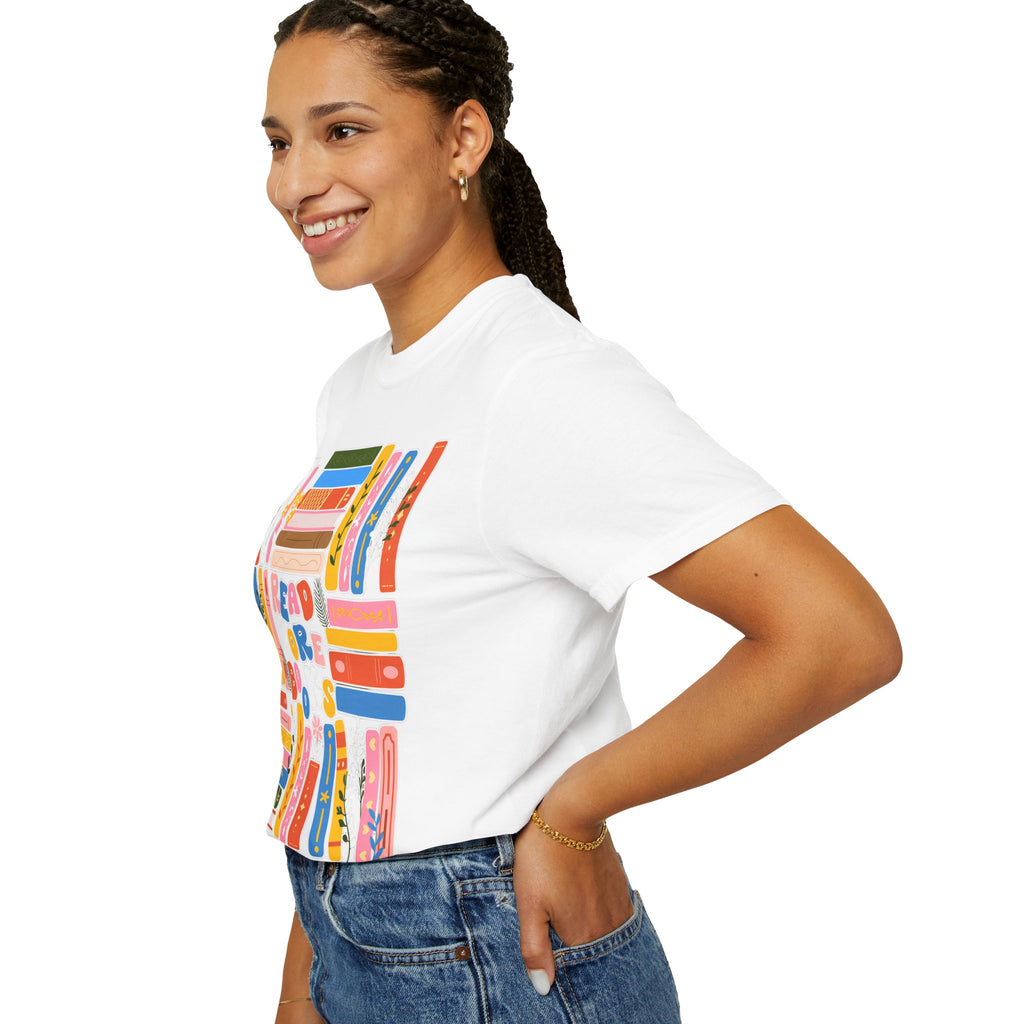 Readers Are Books T-Shirt — Colorful Bookshelf Graphic Tee for Book Lovers
