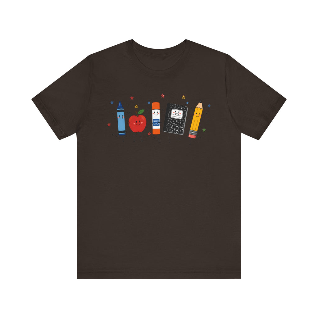 Cute School Supplies T-Shirt — Happy Pencil, Crayon, Eraser & Apple Graphic