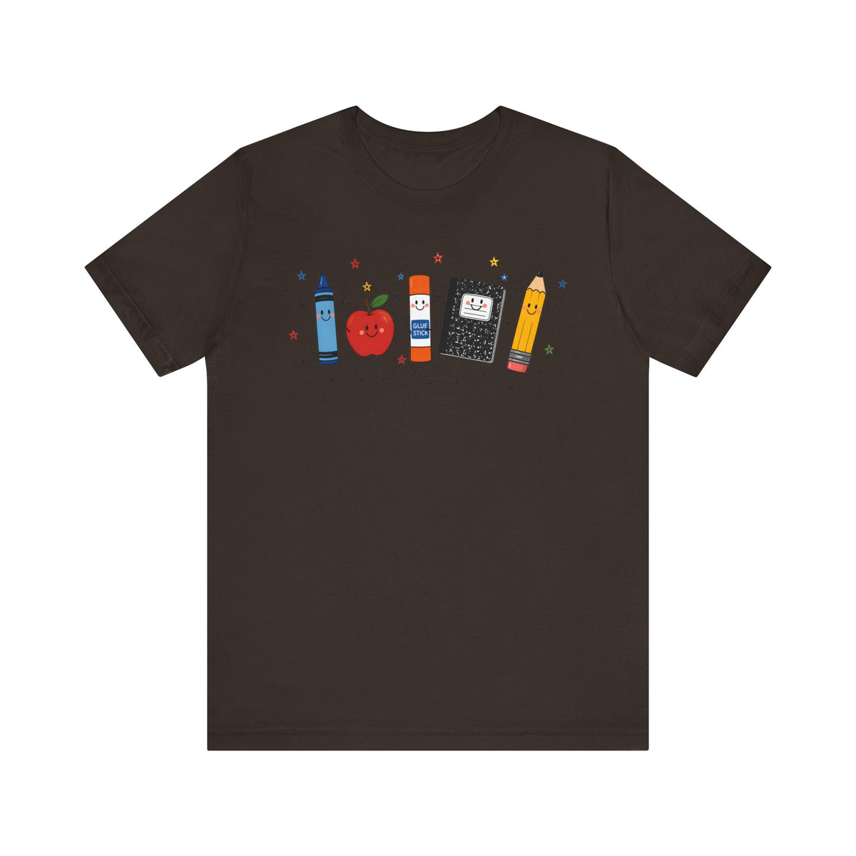 Cute School Supplies T-Shirt — Happy Pencil, Crayon, Eraser & Apple Graphic