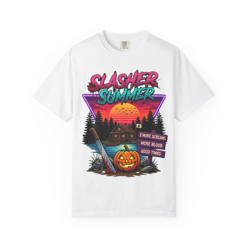 Slasher Summer Graphic T-Shirt — Retro Horror Camp Tee with Pumpkin & Cabin